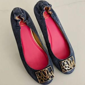 Lilly Pulitzer Blue Metallic Logo Leather Ballet Flats Sz 8M Womens Shoes